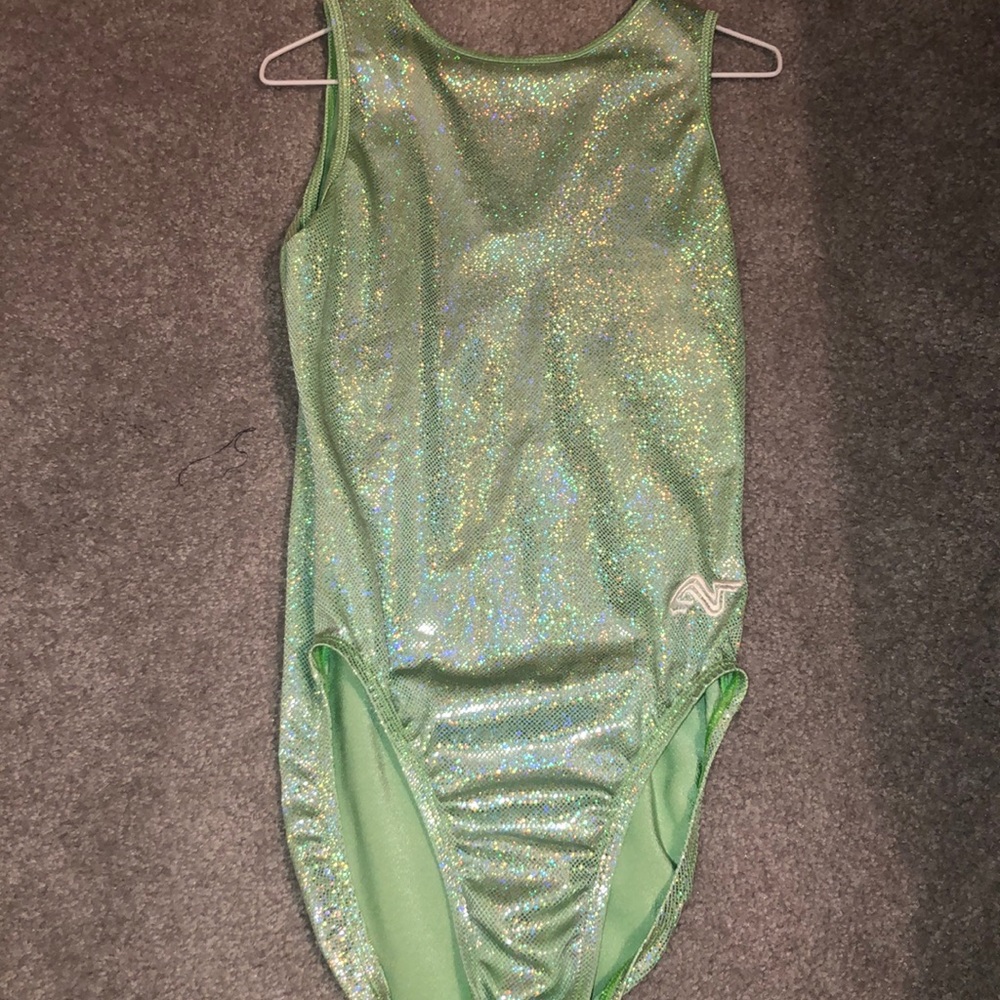 Bright green sparkly alpha factor gymnastics leo